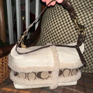 Vintage Coach Cream and Brown Shearling Shoulder Bag